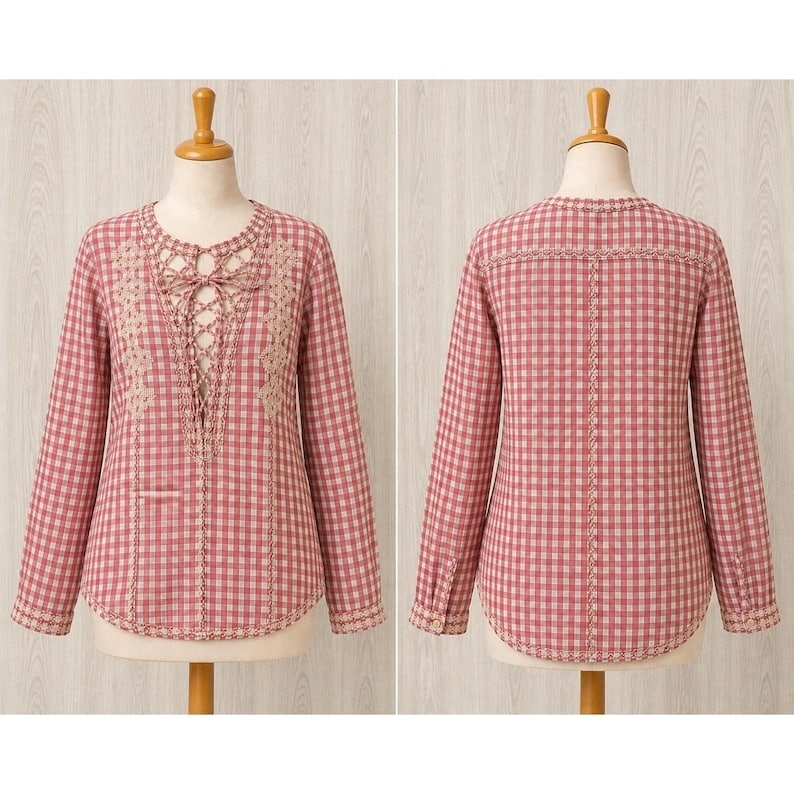 Johnny Was Bluse Damen Workshop Rosa Vichy-Karo-Bluse mit Stickerei und Schnürung Top XS Bild 1