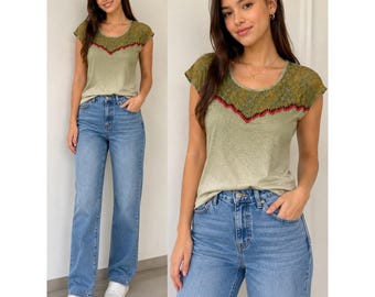 Miss Me Women Top Green Ombre Lace Beaded Boho Cap Sleeve Top Size M NWT