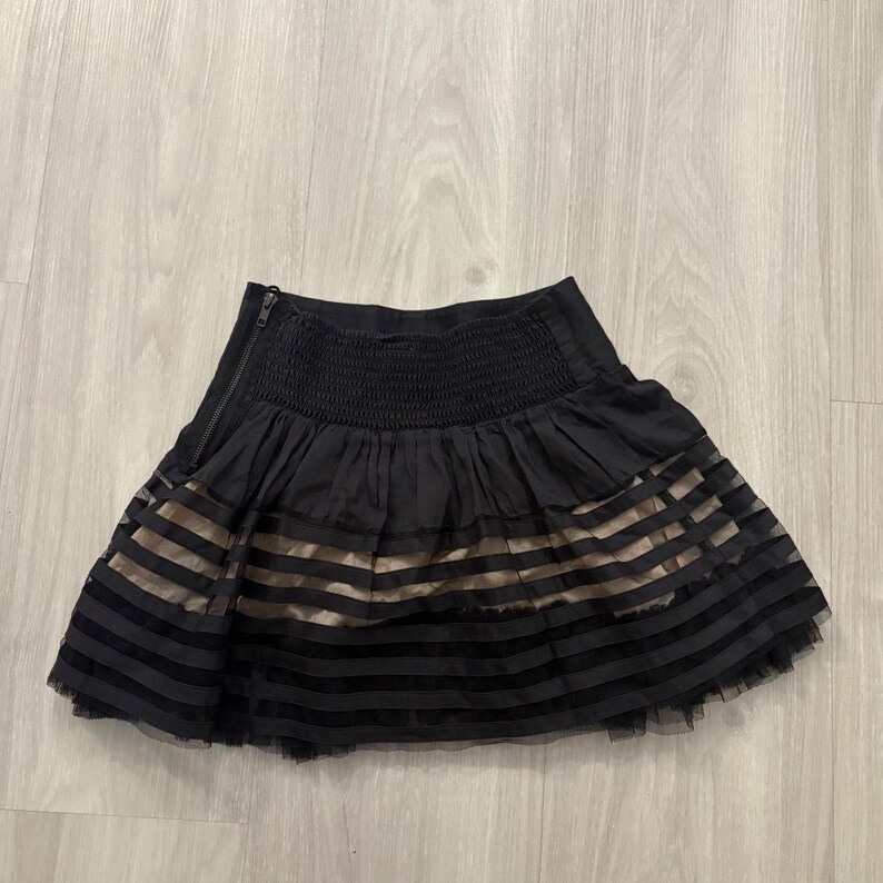 Free People Women Mini Skirt Black Mesh Stripe Tulle Trim Fit Flare Side Zip 4 image 4