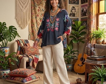 Johnny Was Blouse Women Floral Embroidered Silk Blue Boho Peasant Raglan XXL