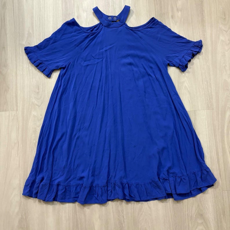 Free People jurk voor dames, koningsblauw, open schouders, ruches aan de zoom, boho, maat L afbeelding 2