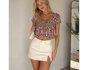 Free People top voor dames met luipaardprint, vierkante hals en geplooide pofmouwen, maat M