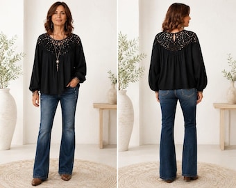 Johnny Was Jade Blouse Women Black Crochet Lace Yoke Long Sleeve Boho Top Size M
