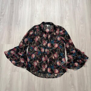 Seven 7 Women Blouse Black Floral Gold Chain Sheer Tiered Bell Sleeve Top Size M image 2