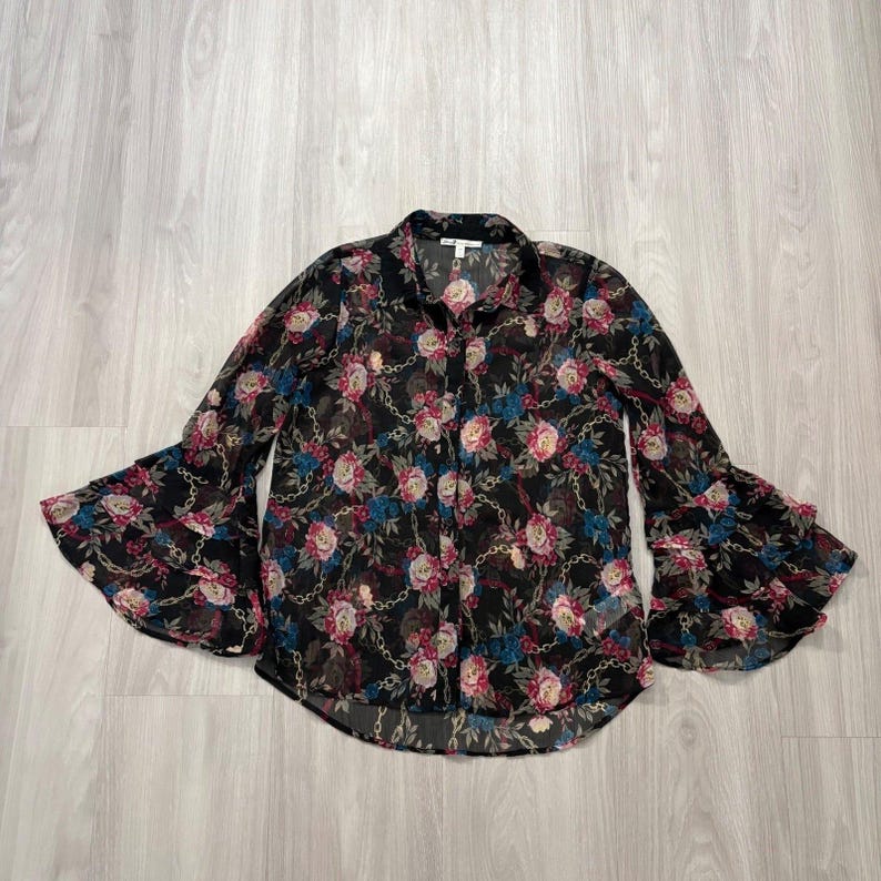Seven 7 Women Blouse Black Floral Gold Chain Sheer Tiered Bell Sleeve Top Size M image 2