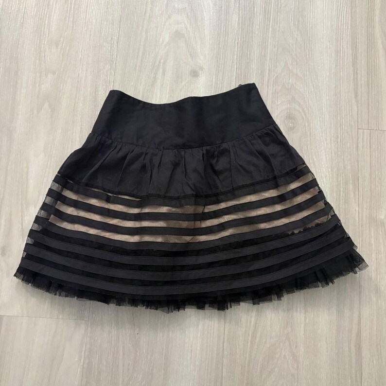 Free People Women Mini Skirt Black Mesh Stripe Tulle Trim Fit Flare Side Zip 4 image 2