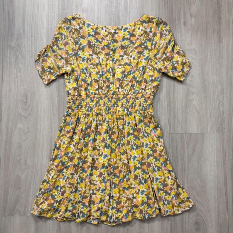 Free People Dress Women Floral Print Tie Waist Smocked Shirred Yellow Blue 10 image 3