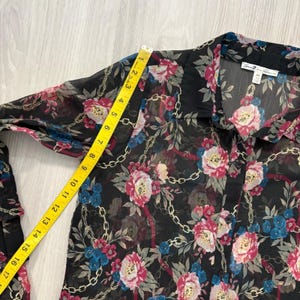 Seven 7 Women Blouse Black Floral Gold Chain Sheer Tiered Bell Sleeve Top Size M image 7