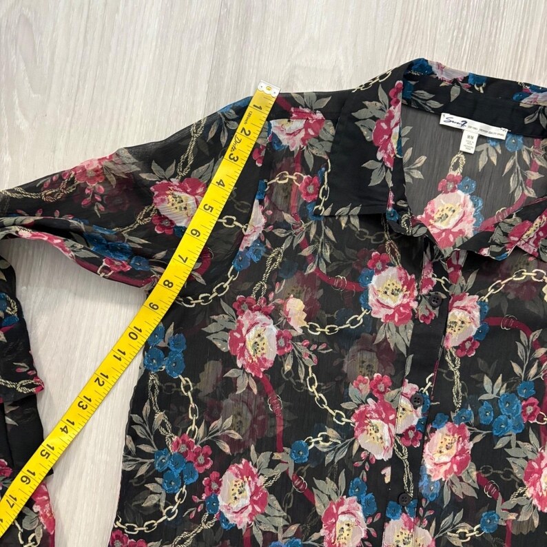 Seven 7 Women Blouse Black Floral Gold Chain Sheer Tiered Bell Sleeve Top Size M image 7