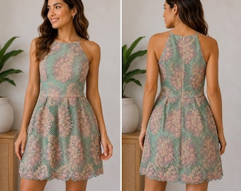 Minuet-Kleid für Damen, mintgrün-rosa, florale Spitze, Neckholder, Etuikleid, Cocktailkleid, Größe M