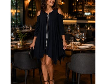 Joseph Ribkoff Navy Cold Shoulder Sharkbite Hem Tunic Top Zip Front Size 8