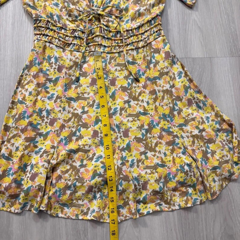 Free People Dress Women Floral Print Tie Waist Smocked Shirred Yellow Blue 10 image 10