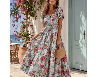 Anthropologie Women Dress Floral Tiered Maxi Dress Puff Sleeve Smocked Waist SP