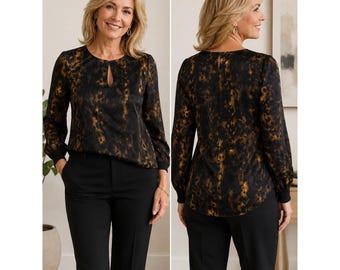 Lafayette 148 Blouse Dames New York Abstracte Dierenprint Sleutelgat Zwart Amber M