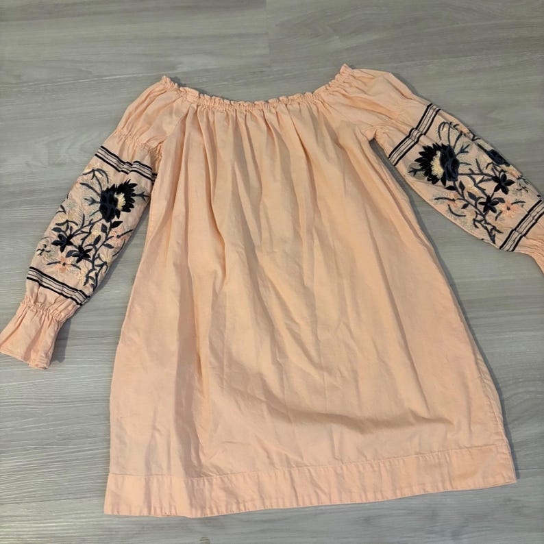 Free People jurk voor dames, perzikroze, geborduurd, off-shoulder boho tuniek, maat XS afbeelding 3