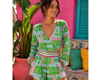 Macbeth Collection Womens Romper Margaret Josephs Green Greek Key Long Sleeve M