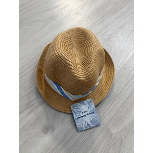 Tommy Bahama Kids Hat Tan Straw Fedora Hat Blue Striped Band New With Tags image 2