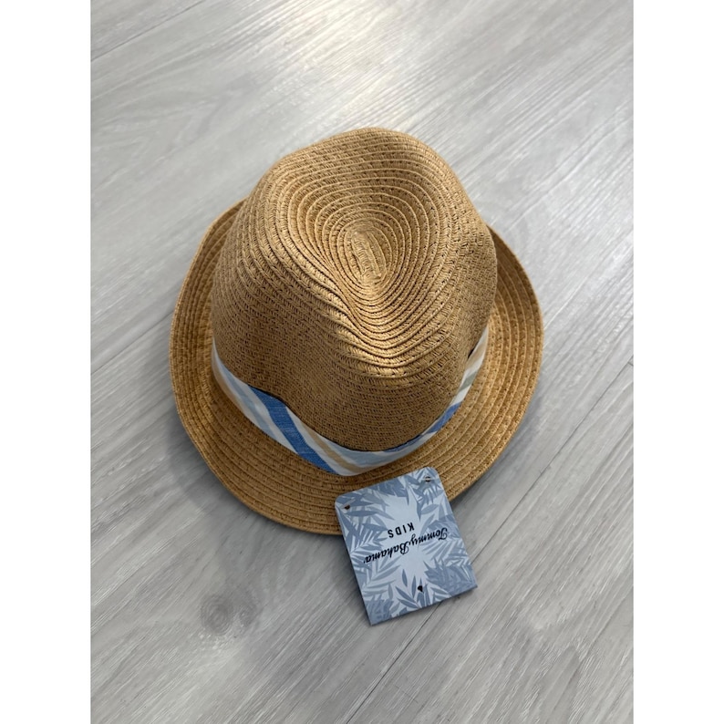 Tommy Bahama Kids Hat Tan Straw Fedora Hat Blue Striped Band New With Tags image 2