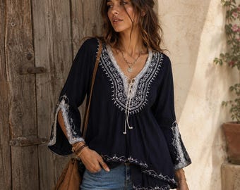Emma Caine Blouse Women Navy Blue Embroidered Long Sleeve Lace Up Romper Boho M