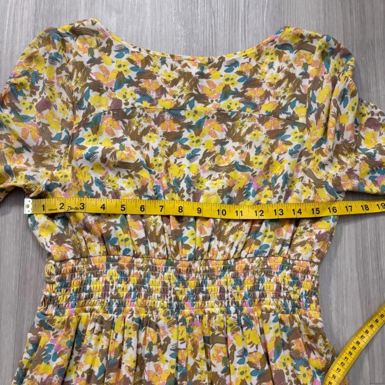 Free People Dress Women Floral Print Tie Waist Smocked Shirred Yellow Blue 10 image 12