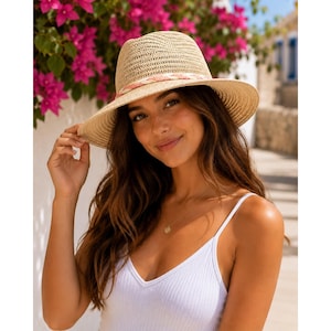 David and Young Women Hat Straw Sun Hat Tan Pink Braided Band Fedora GWPN226 OS David and young sun - Gem main image 2