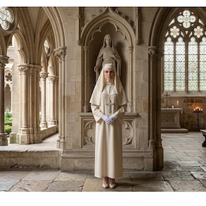 May include: A full-length cream-coloured habit featuring a long-sleeved tunic, a matching headpiece covering the hair and shoulders, and a silver cross pendant on a chain. The ensemble includes white gloves and is worn with simple beige heels.