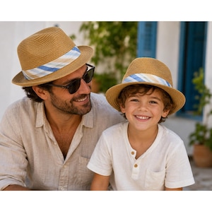 Tommy Bahama Kids Hat Tan Straw Fedora Hat Blue Striped Band New With Tags image 1