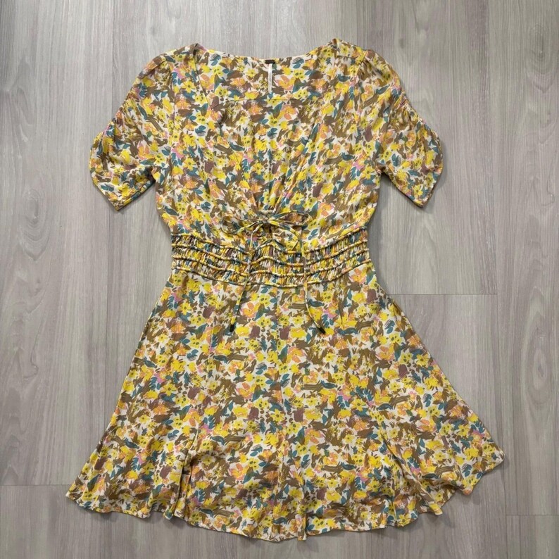 Free People Dress Women Floral Print Tie Waist Smocked Shirred Yellow Blue 10 image 2
