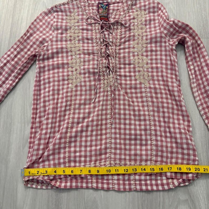 Johnny Was Bluse Damen Workshop Rosa Vichy-Karo-Bluse mit Stickerei und Schnürung Top XS Bild 8
