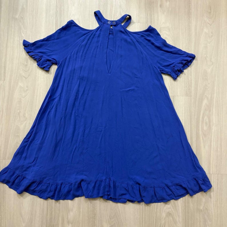 Free People jurk voor dames, koningsblauw, open schouders, ruches aan de zoom, boho, maat L afbeelding 3