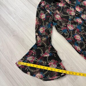 Seven 7 Women Blouse Black Floral Gold Chain Sheer Tiered Bell Sleeve Top Size M image 8