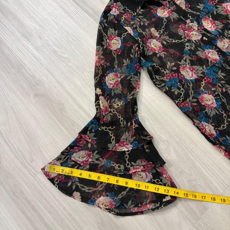 Seven 7 Women Blouse Black Floral Gold Chain Sheer Tiered Bell Sleeve Top Size M image 8
