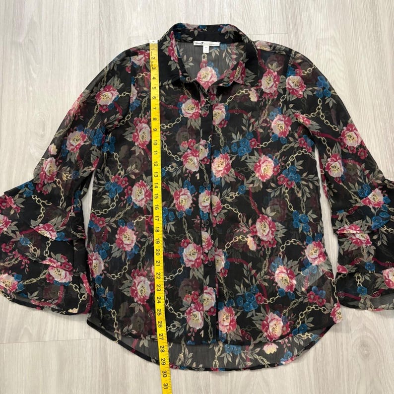 Seven 7 Women Blouse Black Floral Gold Chain Sheer Tiered Bell Sleeve Top Size M image 4