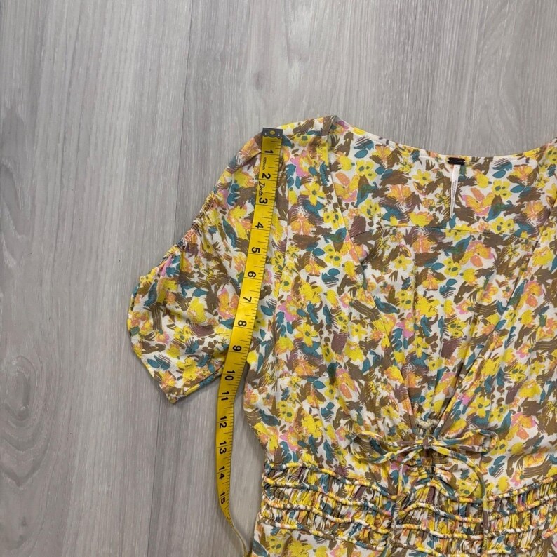 Free People Dress Women Floral Print Tie Waist Smocked Shirred Yellow Blue 10 image 7