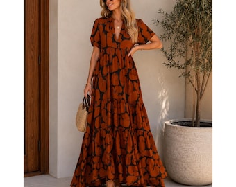 Anthropologie Maxi Dress Women Abstract Print Tiered Rust Orange Black V-Neck S