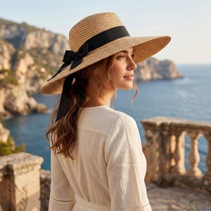 Puede incluir: Un sombrero de paja de ala ancha con una textura tejida en tono beige natural y una cinta negra atada en un lazo lateral. El sombrero presenta una copa estructurada y un ala inclinada hacia abajo, ofreciendo un estilo clásico y sencillo.