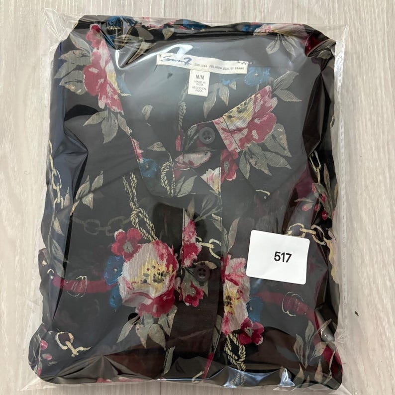 Seven 7 Women Blouse Black Floral Gold Chain Sheer Tiered Bell Sleeve Top Size M image 13