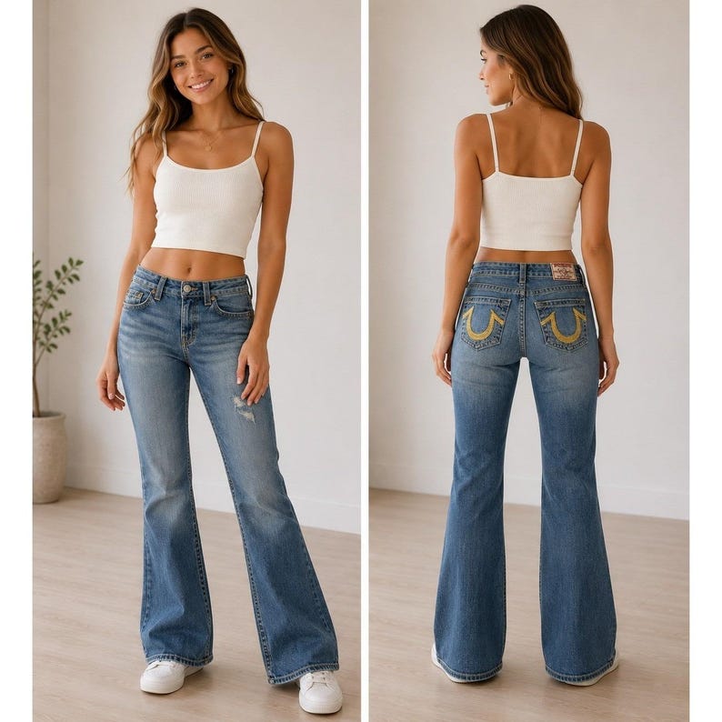 True Religion Jeans Damen Blau Regenbogen Bobby Straight Leg Hose Größe 30 Bild 1