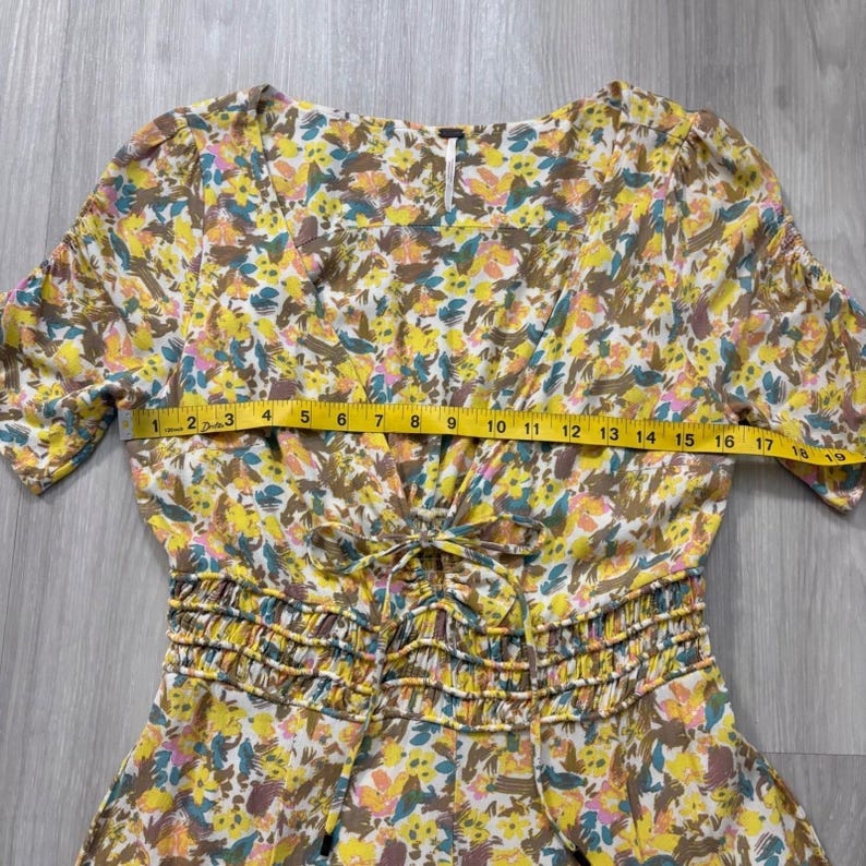 Free People Dress Women Floral Print Tie Waist Smocked Shirred Yellow Blue 10 image 8