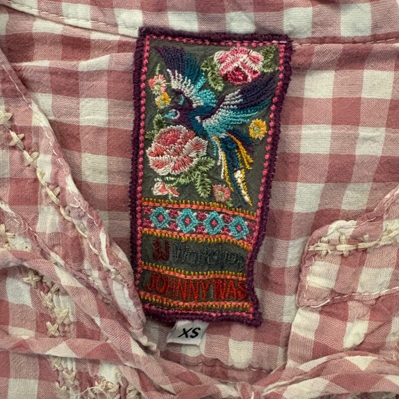 Johnny Was Bluse Damen Workshop Rosa Vichy-Karo-Bluse mit Stickerei und Schnürung Top XS Bild 4