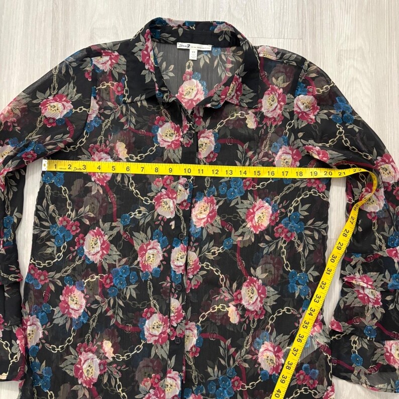 Seven 7 Women Blouse Black Floral Gold Chain Sheer Tiered Bell Sleeve Top Size M image 5