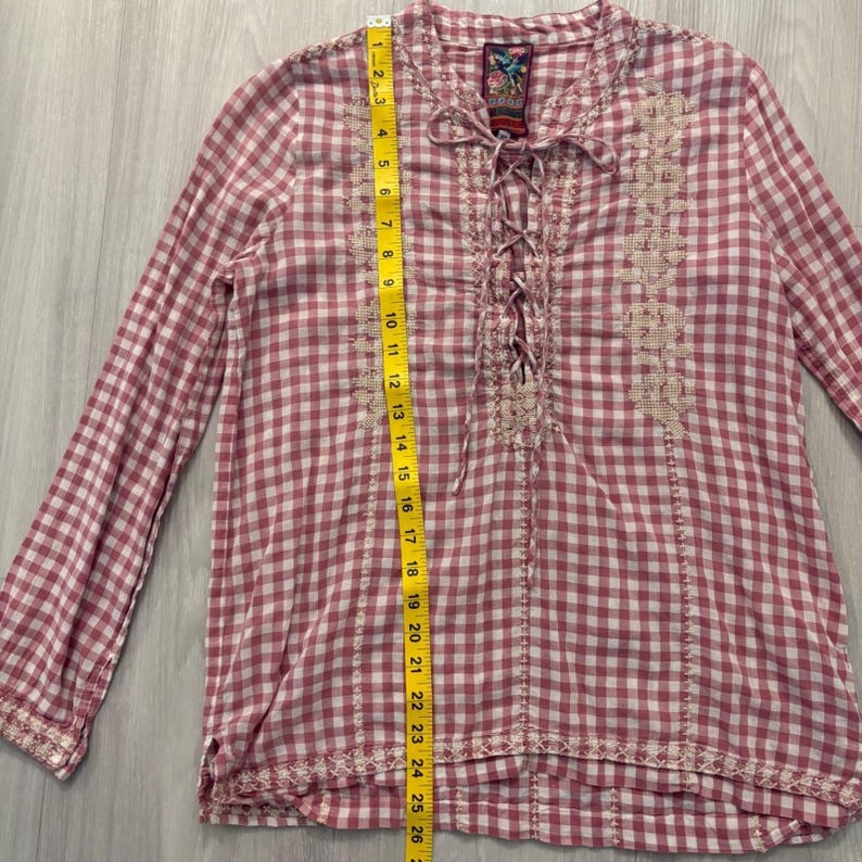 Johnny Was Bluse Damen Workshop Rosa Vichy-Karo-Bluse mit Stickerei und Schnürung Top XS Bild 5