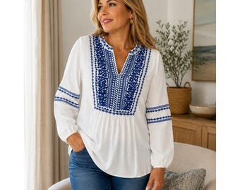 Gianni Bini Women Blouse White Blue Embroidered Boho Tunic Blouse Top Size S
