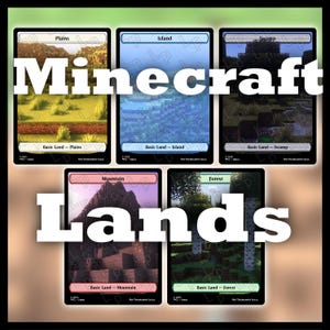 May include: A set of five Minecraft-themed trading cards. The cards feature landscapes such as plains, islands, swamps, mountains, and forests. The words "Minecraft Lands" are prominently displayed across the cards.