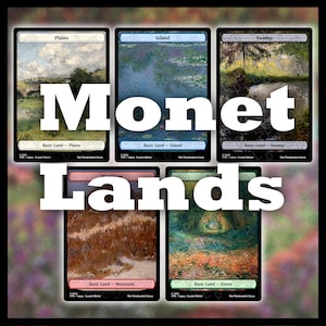 May include: A collection of five landscape art cards, each depicting a different environment: plains, island, swamp, mountain, and forest. The text "Monet Lands" is overlaid in white. Each card has a black border and the text "Basic Land" and the environment name.