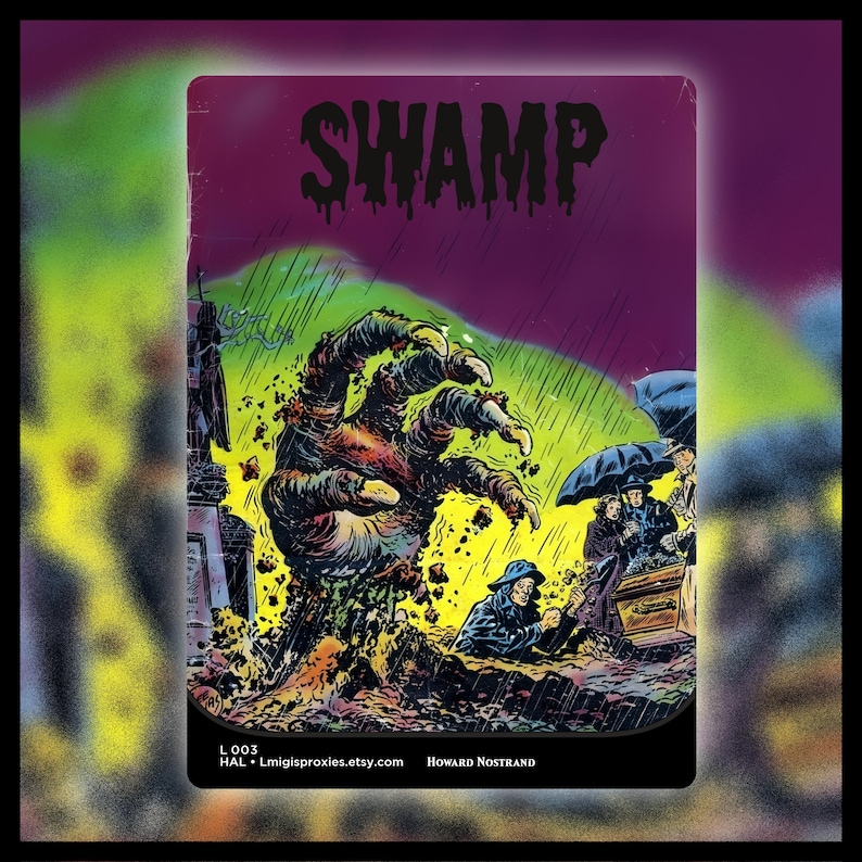 Op de afbeelding: Een vintage-stijl illustratie met een monsterlijke hand die uit een moeras oprijst, met het woord "SWAMP" in druipende letters. Het kunstwerk bevat figuren met paraplu's en een grafsteen, met de naam van de kunstenaar en de winkel-URL onderaan.