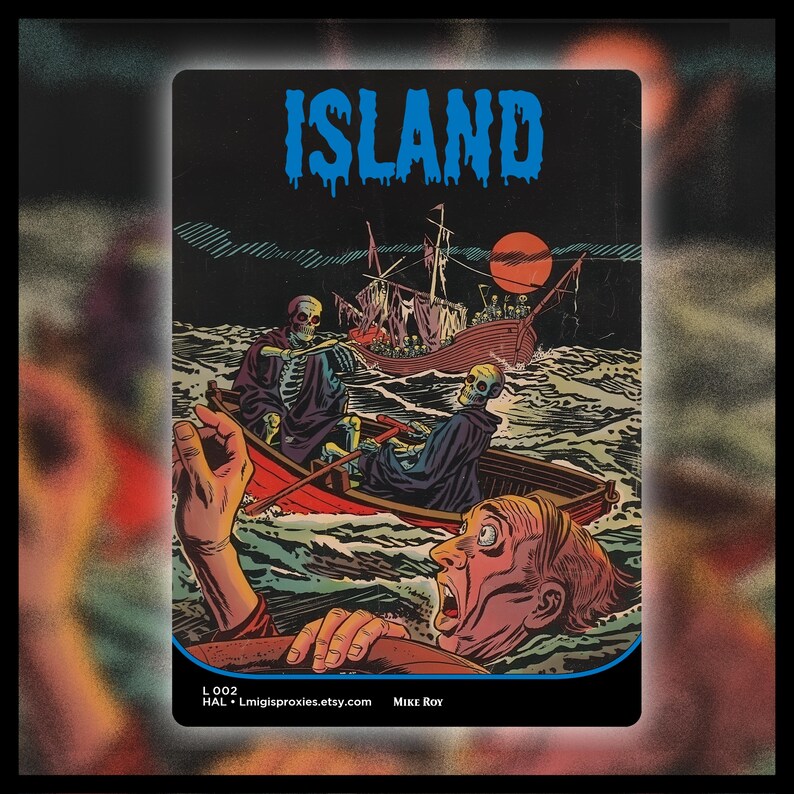 Op de afbeelding: Een illustratie in vintage-stijl met het woord "ISLAND" in blauw, die een skeletachtige figuur in een roeiboot, een zinkend schip en een persoon in nood in het water afbeeldt. Het kunstwerk heeft een donker, dreigend thema.