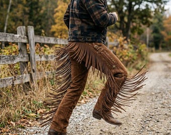 Pantalón de ante marrón con flecos, hecho a mano - Conjunto vaquero rústico