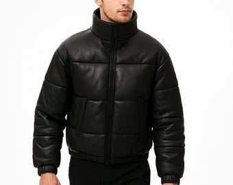 Handmade Black Genuine Leather Puffer Jacket | Quilted Warm Insulated Bomber Coat for Men | Winter Outdoor Coat | Gift For Him