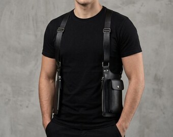 Bolsa de arnés corporal de cuero para hombre, chaleco táctico de pecho, bolsa con funda doble para hombro, chaleco utilitario negro con bolsillos, bolsa estilo streetwear para festivales y cyberpunk.